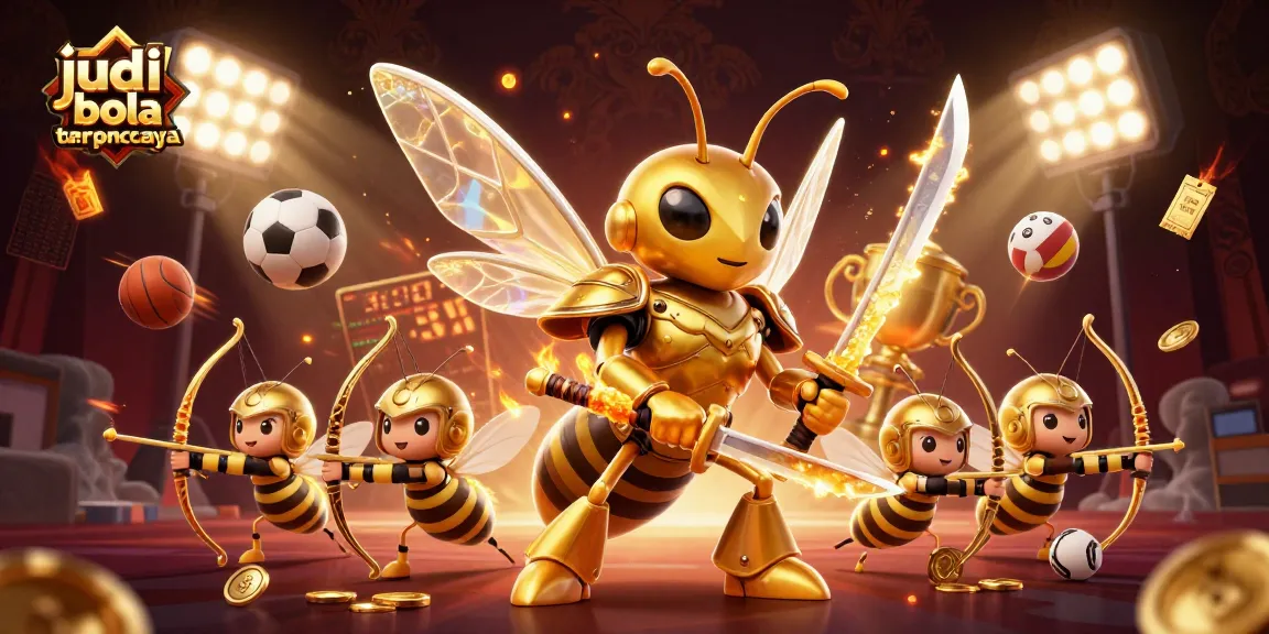 Engage with judi bola terpercaya through a vibrant scene featuring a golden hornet samurai leading dynamic sports elements, capturing the essence of online betting.