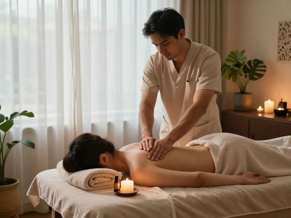 평화로운 스파 환경에서 남자 치료사와 함께하는 편안한 포항스웨디시 마사지 치료 세션.