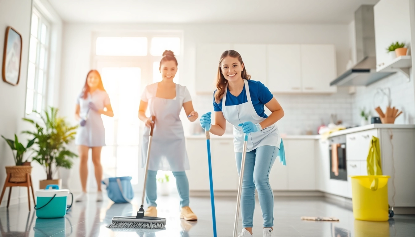 Cleaners delivering exceptional cleaning services in a bright, organized kitchen.