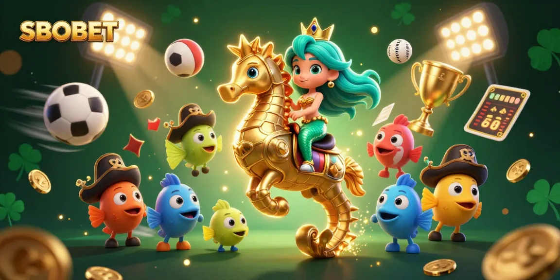 SBOBET enhances your betting experience with a dynamic scene featuring a mermaid princess and sports balls.
