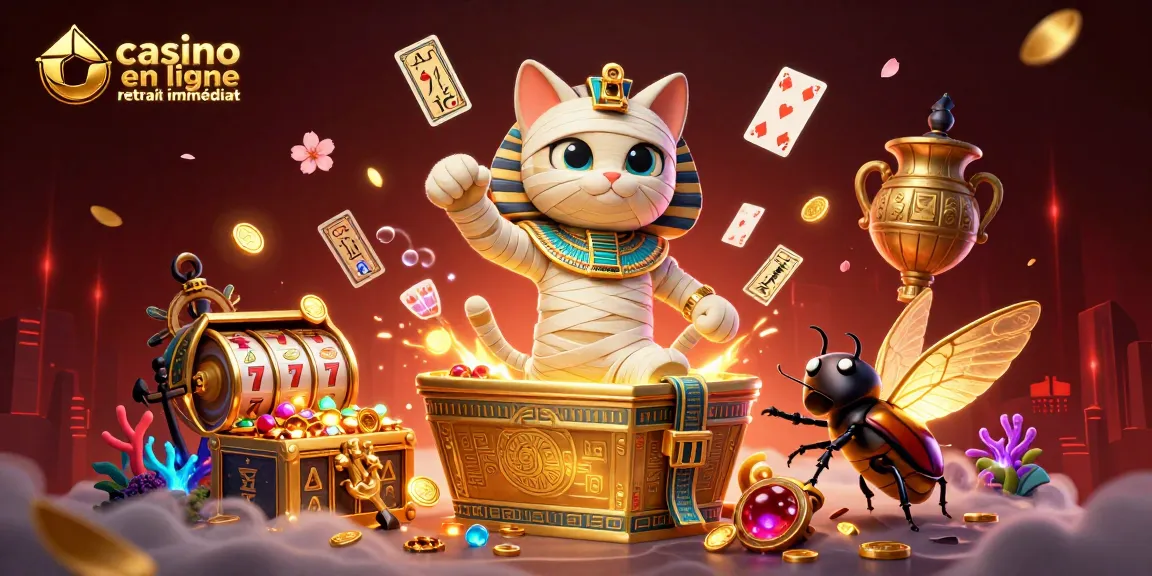 Illustration captivante représentant le casino en ligne retrait immédiat avec un chat momie égyptien et des éléments de jeu dynamique.