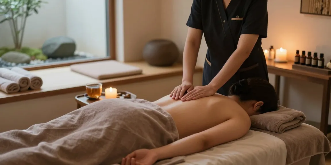 Relaxing 강남출장안마 in a serene massage room, capturing the peaceful ambiance and professional care.