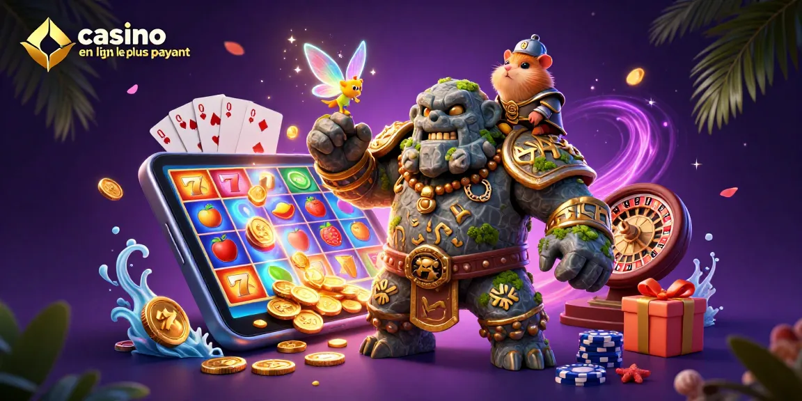 Illustration colorée montrant un golem de casino en ligne le plus payant avec des pièces d'or et des machines à sous.