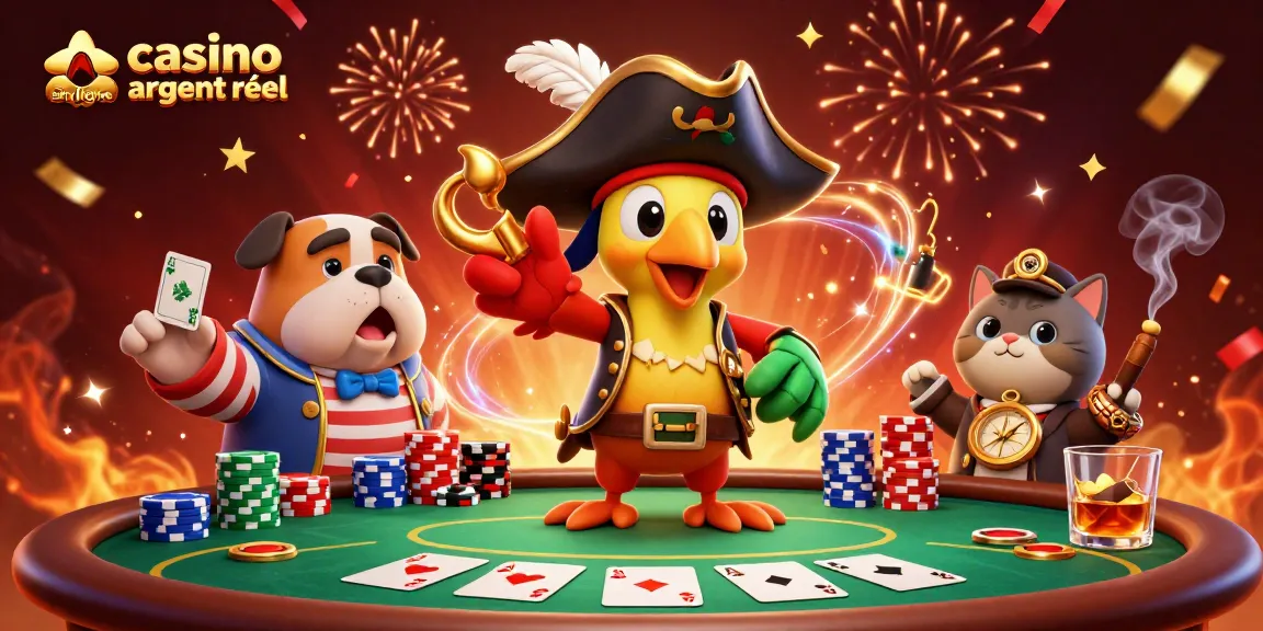 Gagnez avec le casino en ligne argent réel, découvrez une illustration captivante d'un pirate à la table de poker.