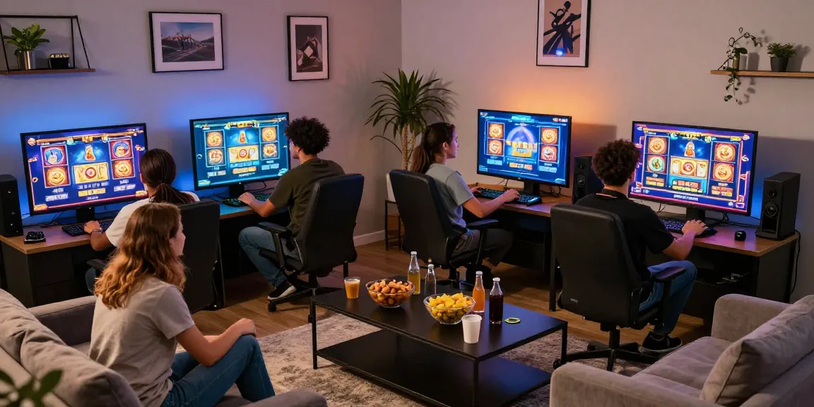 Friends enjoying an exciting gaming night with slot deposit 5000 games, showcasing vibrant graphics and intense focus.