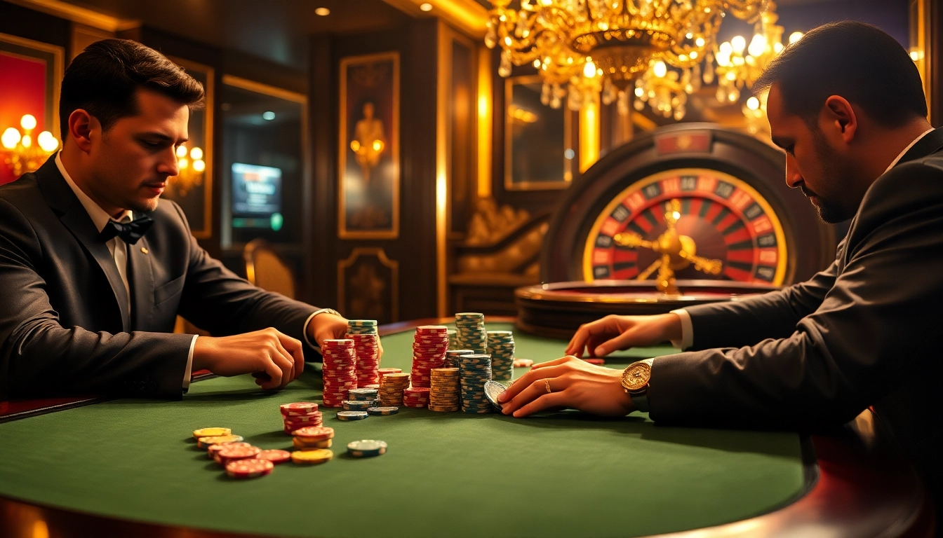 Engaged poker players at a luxurious table showcasing excitement and strategy at https://sky88sa.com/.