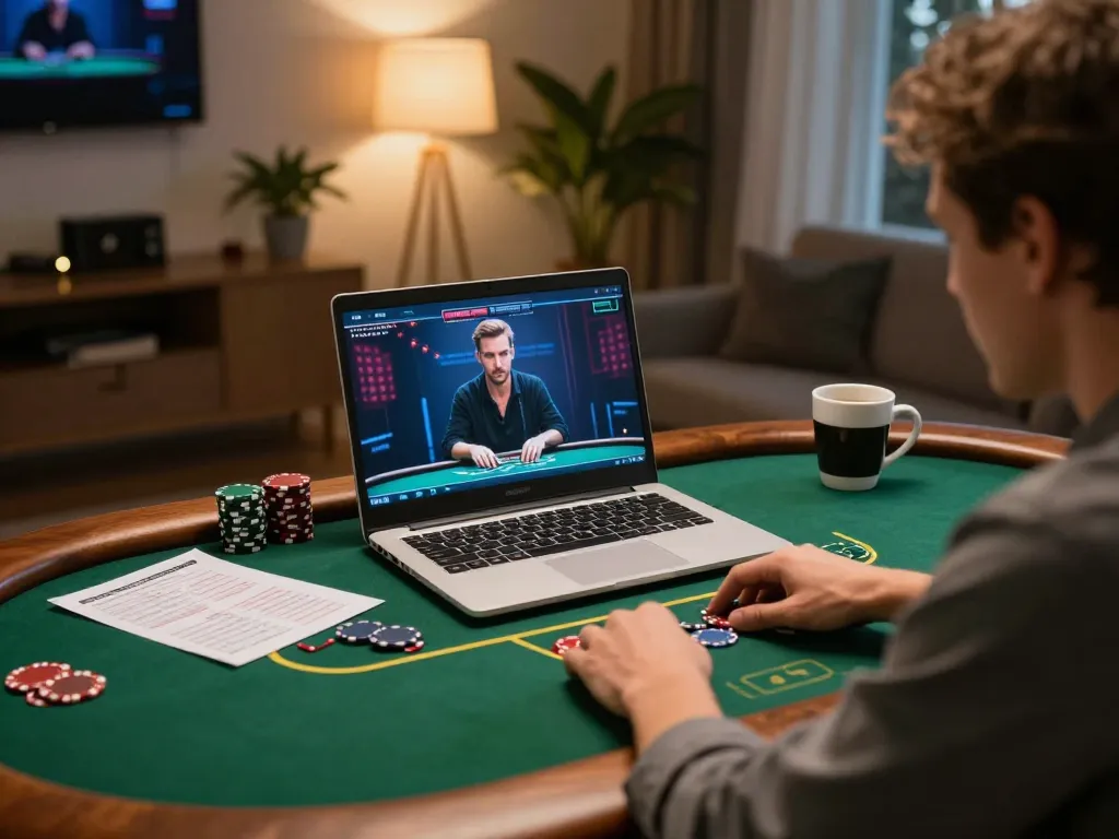Person playing poker on laptop with betbet app, creating an engaging online gambling atmosphere
