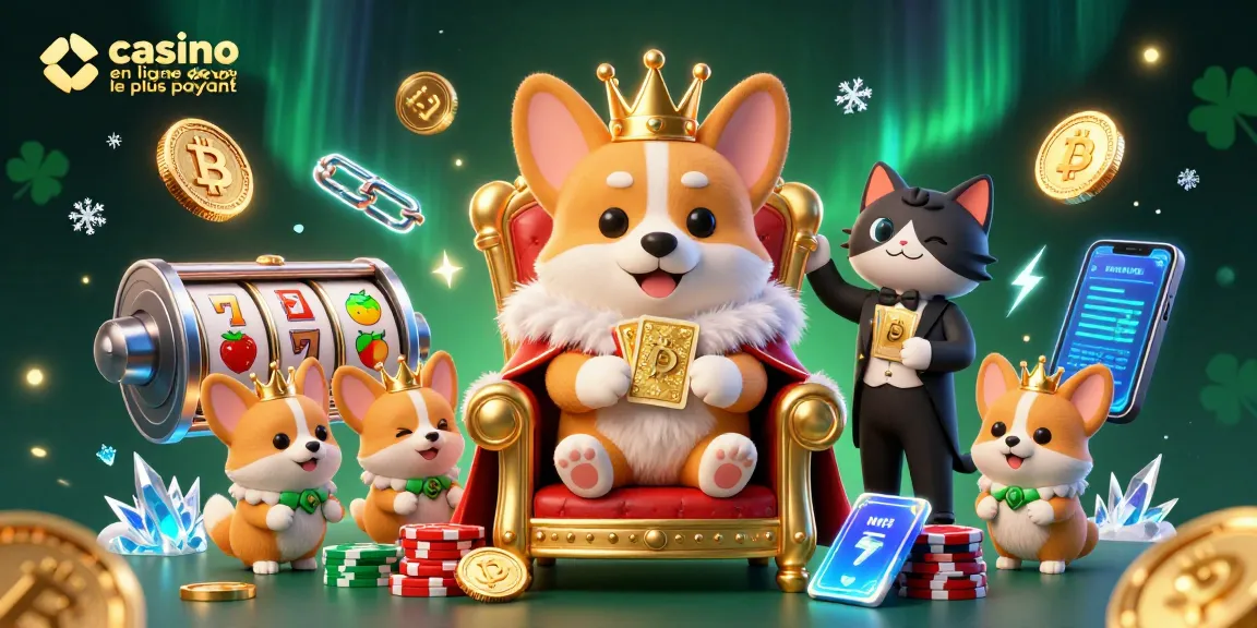 Jouez au casino en ligne le plus payant avec un corgi royal sur son trône, entouré de symboles de machine à sous.