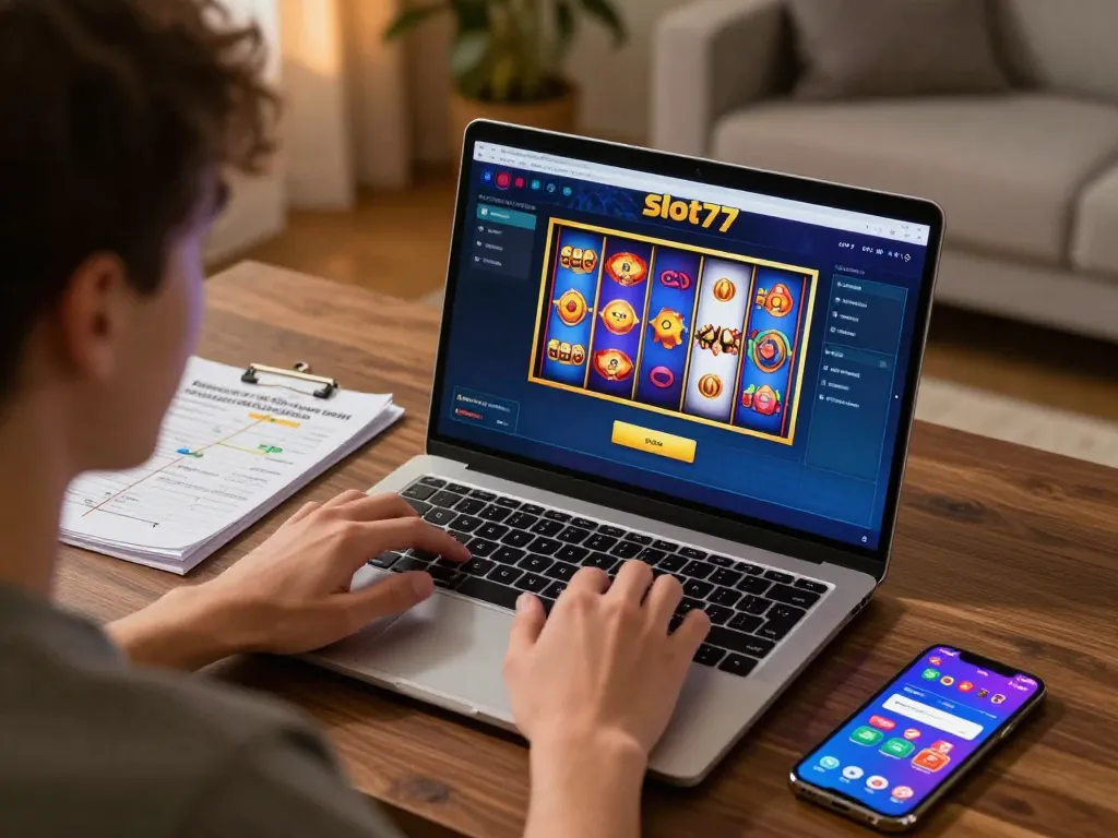 Engaged player spinning slot77 online slots on a laptop, surrounded by strategy notes and gaming apps.