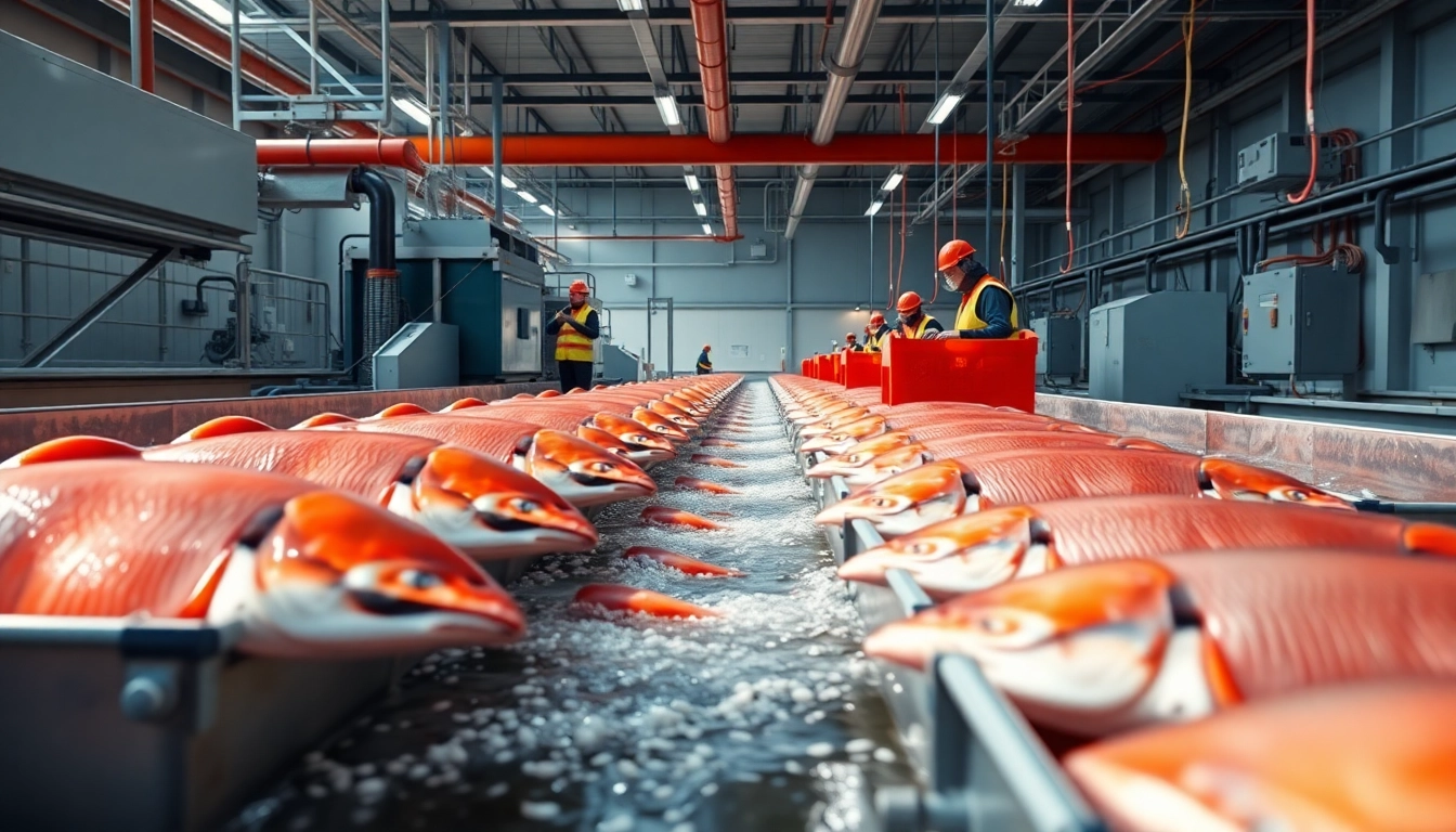 Salmon harvesting system at work with advanced machinery and vibrant fish in a bright setting.