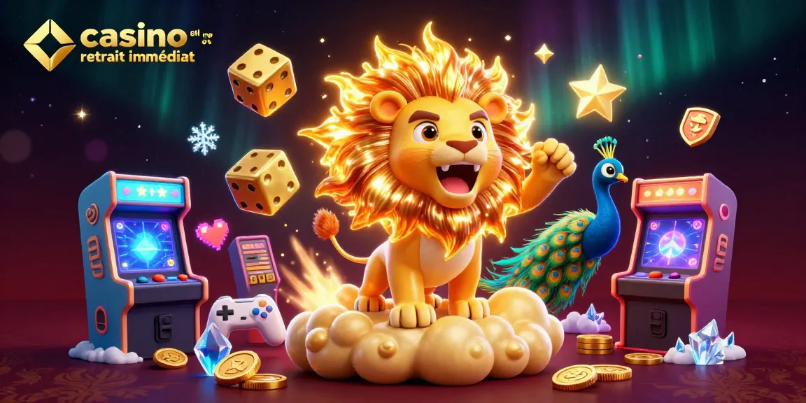 Profitez du casino en ligne retrait immédiat dans une illustration colorée d'un lion solaire et des éléments de jeu vibrants.