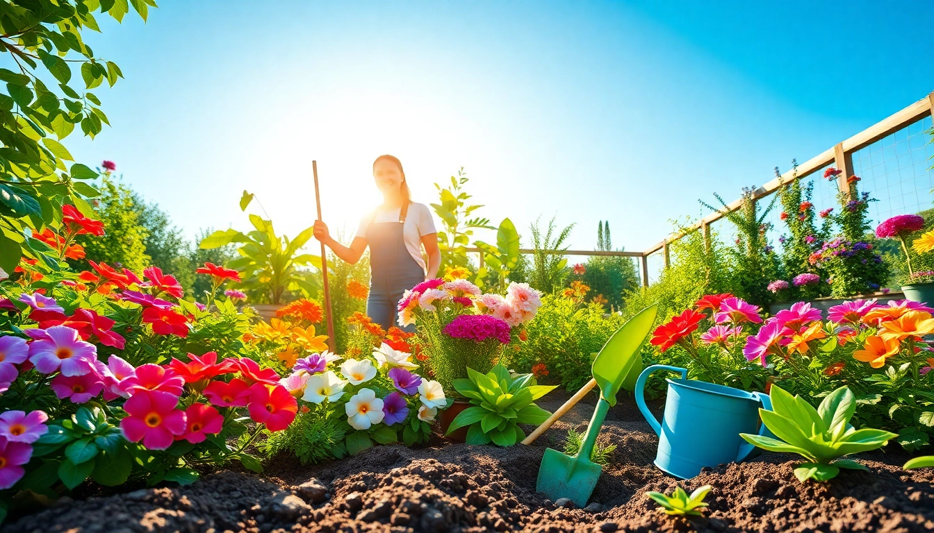 Gardening enthusiast tending to vibrant flowering plants in a lush garden.