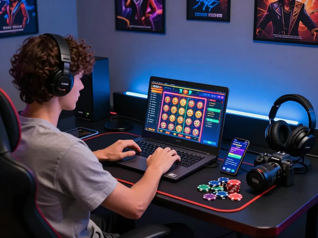 Exciting online gaming scene with wraungtoto lottery and slot games on display in a vibrant home office.