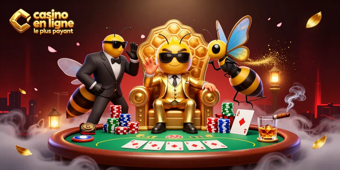 Illustration dynamique d'un casino en ligne le plus payant avec un chef abeille en costume doré et des éléments de poker.