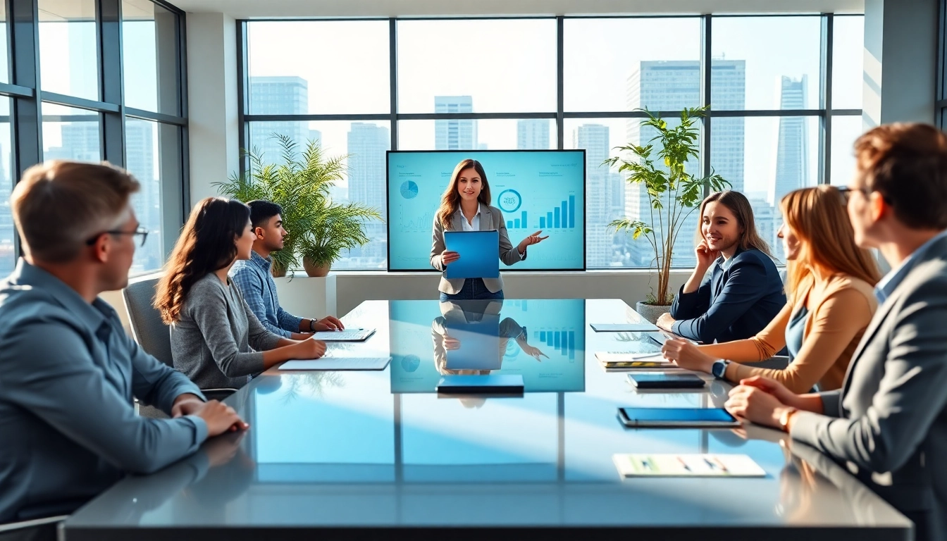 Engaging business meeting with diverse professionals discussing strategies in a modern office setting.