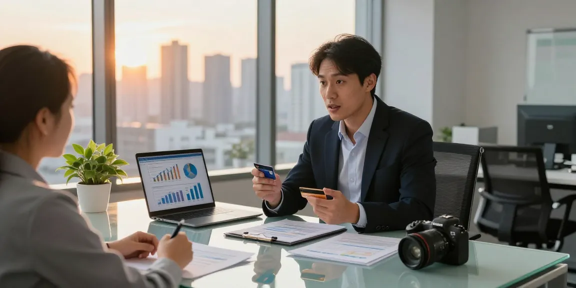 전문가가 카드현금화 전략을 설명하는 현대적인 금융 상담 장면