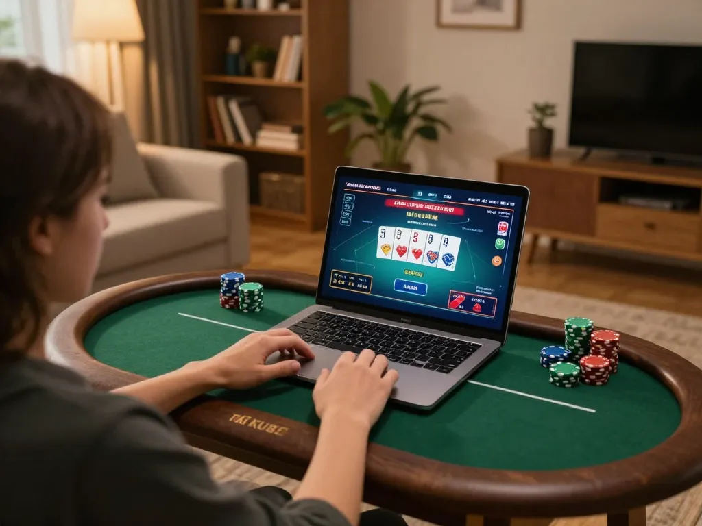 TẢI KU88 for enhanced online poker experience at home, showcasing a cozy gaming setup.
