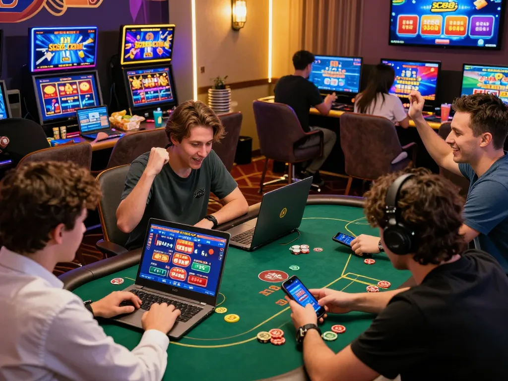 Exciting online gambling scene with players betting on SC88 COM, showcasing a vibrant atmosphere of casino excitement and community.