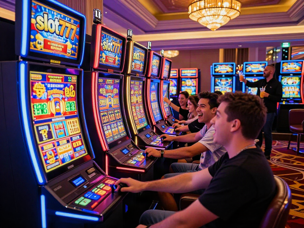 Situasi permainan slot777 yang seru di kasino, dengan pemain antusias dan lampu neon cerah.