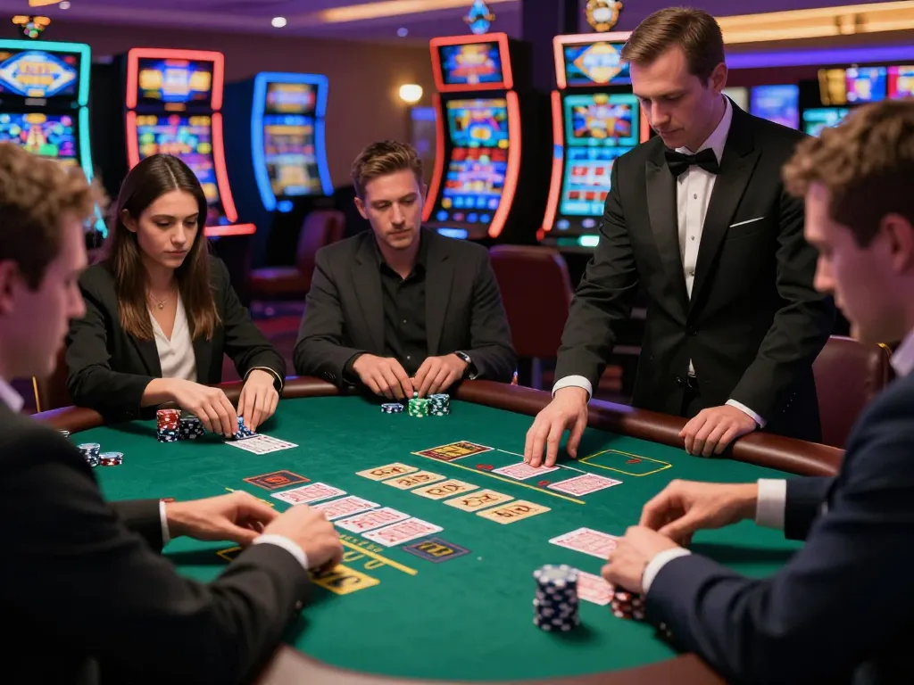 Players engaging intensely in a fabet blackjack game at a vibrant casino floor.