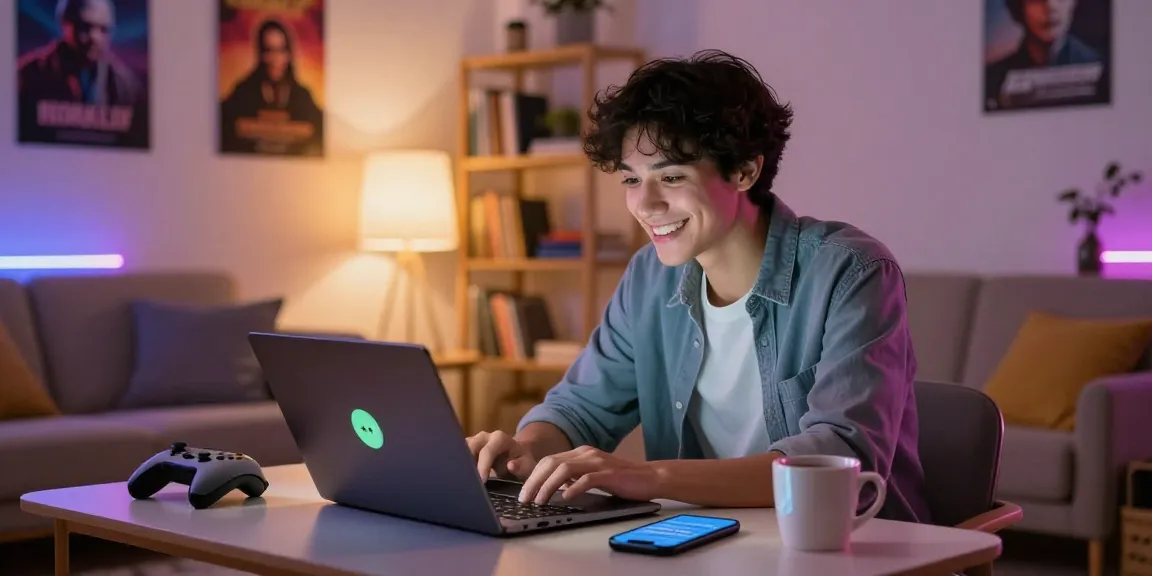 Youthful adult smiling while using nsfw chat bot on a laptop in a cozy, decorated space.