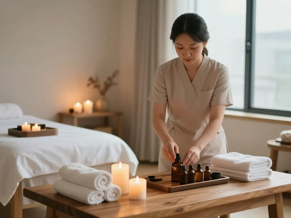 Experience 동대문스웨디시 with soothing ambiance in a spa setting, featuring massage oils and a tranquil atmosphere.