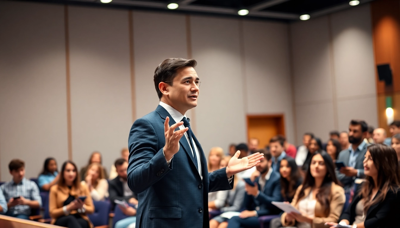 Public Speaking Coach engaging with an eager audience in a bright auditorium.