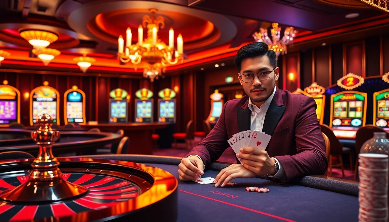 Experience thrilling gameplay at https://j88.gives/ with a luxurious casino scene featuring poker chips and a roulette wheel.