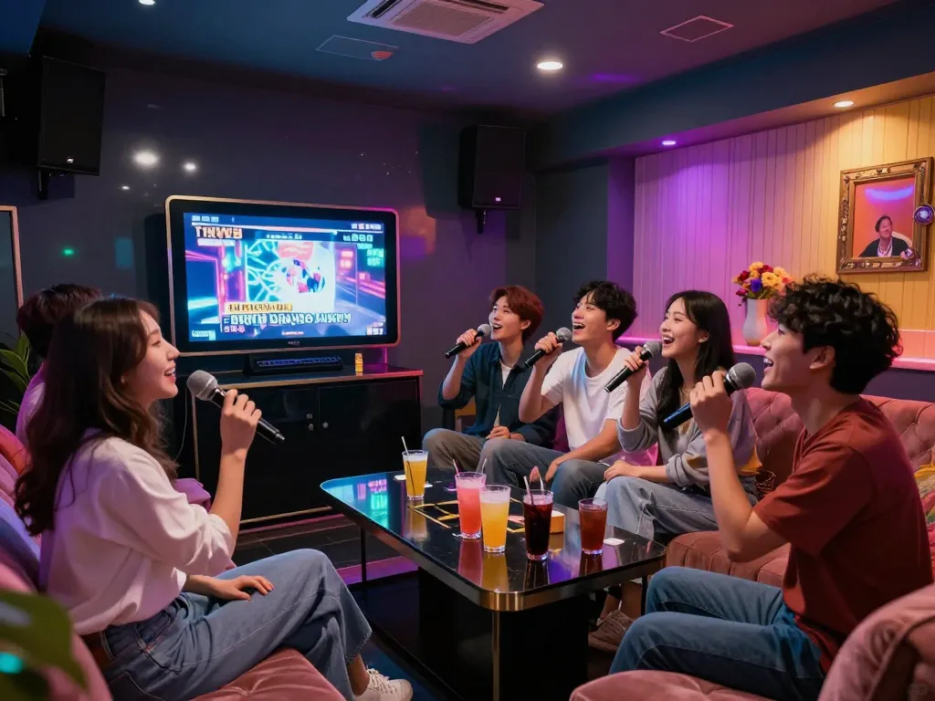 음료와 다채로운 조명 속에서 부평쓰리노의 활기찬 사적 노래방을 즐기고 있는 손님들.