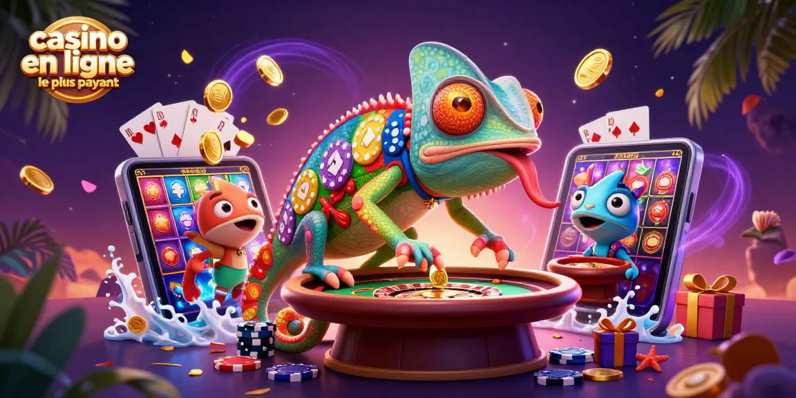 Illumination animée du casino en ligne le plus payant avec un caméléon prospère capturant des pièces d'or.