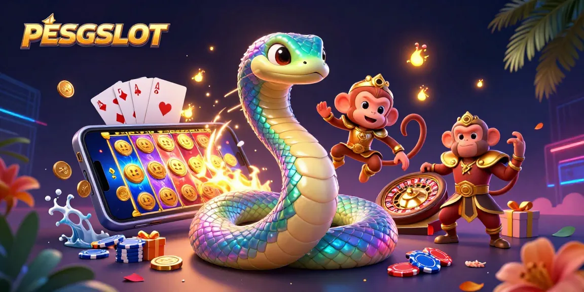 PESGSLOT menampilkan ilustrasi 3D karakter ular pelangi yang berkilau, dikelilingi elemen permainan kasino yang dinamis.