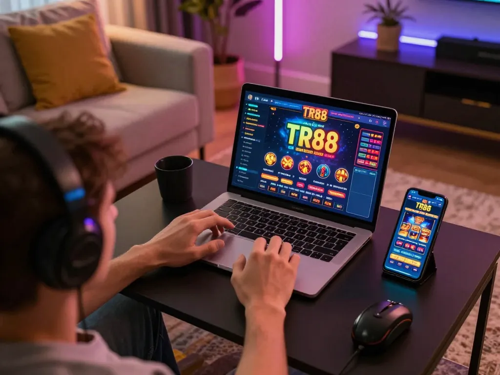Playing TR88 online casino with laptop and smartphone in stylish home setting.