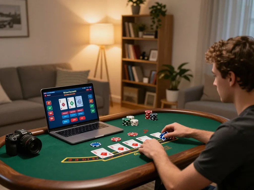 Player enjoying online blackjack on MB66 in a cozy living room setting, demonstrating responsible gaming.