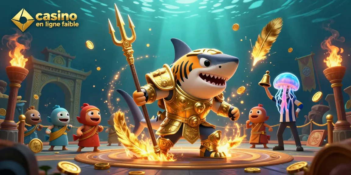 Découvrez les gains avec un casino en ligne fiable illustré par un requin tigre gourmand d'or et des poissons acclamants.