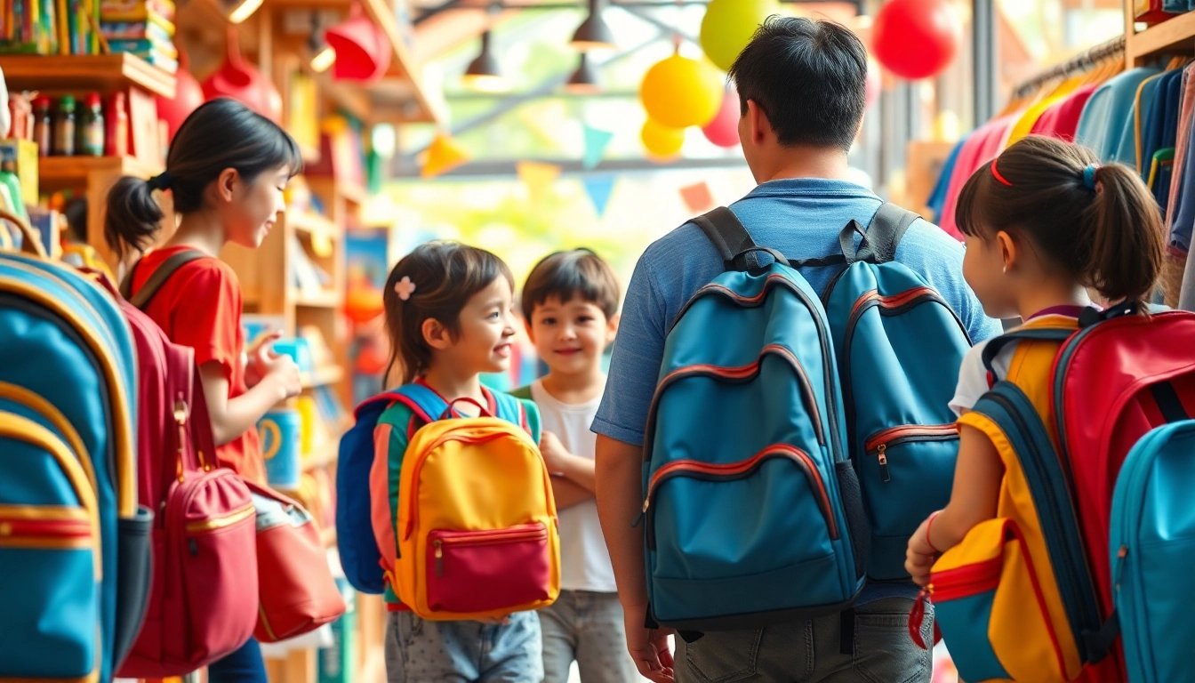 新しい学年にぴったりの、にぎやかなショッピングシーンでカラフルな ランドセル アウトレット を探検する元気な子どもたち。