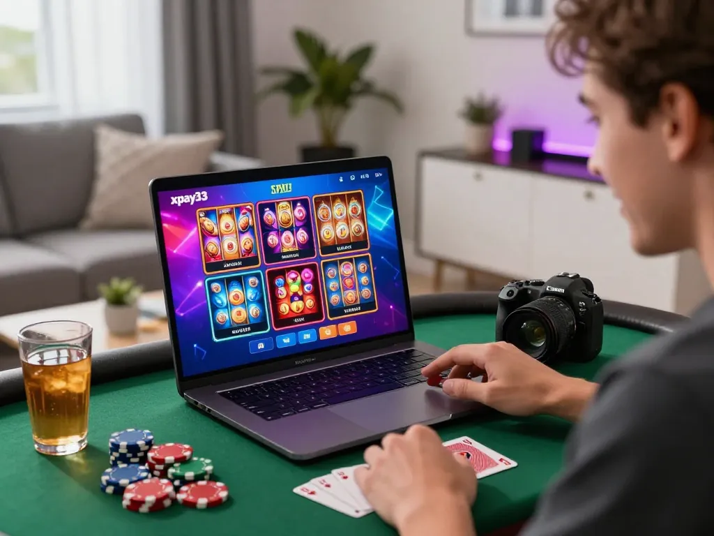 xpay33 promotion with a user enjoying an exciting online casino experience at home, vibrant gaming setup and colorful visuals.