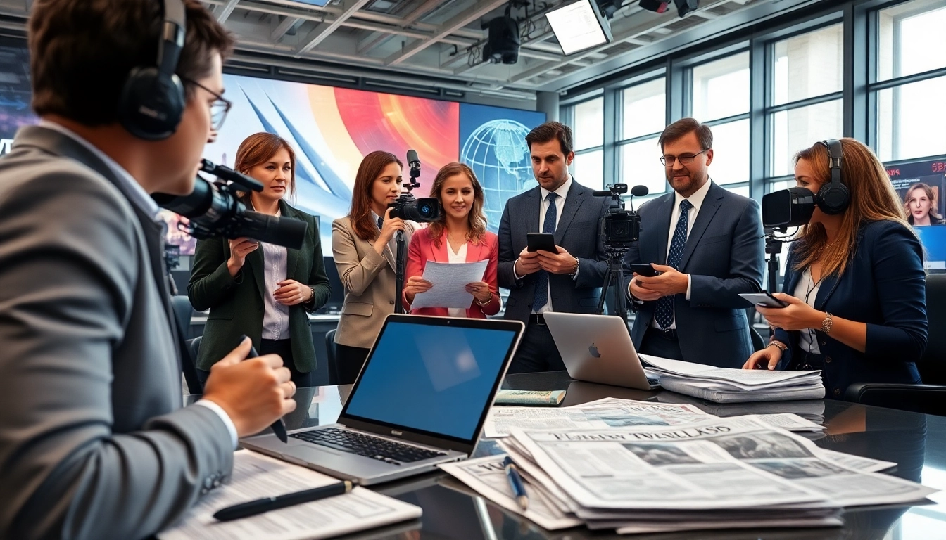 Capture journalists analyzing stories for https://news-parade.com.ua in a bustling newsroom environment.