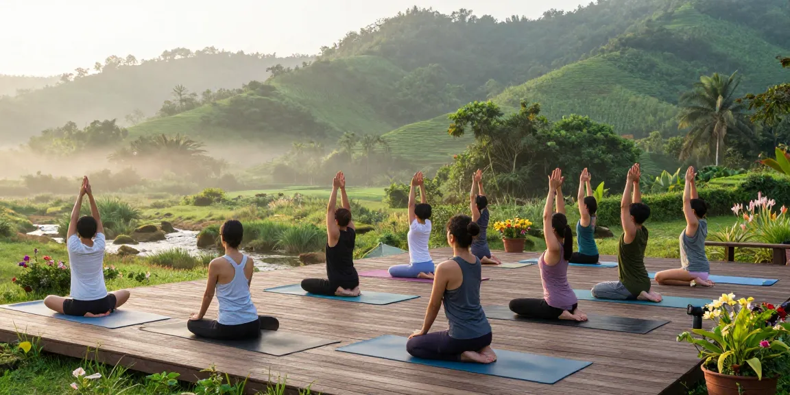 Yoga retreat in Rishikesh with serene landscape and yoga practice at sunrise.