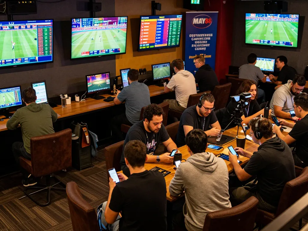 MAY88 bettors strategizing in a lively sports lounge with screens showcasing live odds.