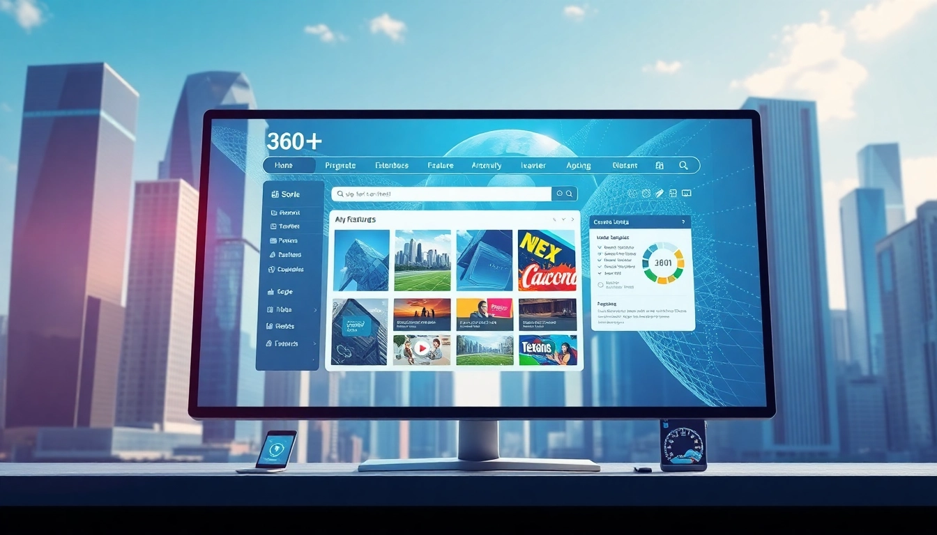 Showcase of 360浏览器 features on a futuristic screen in a vibrant city setting.