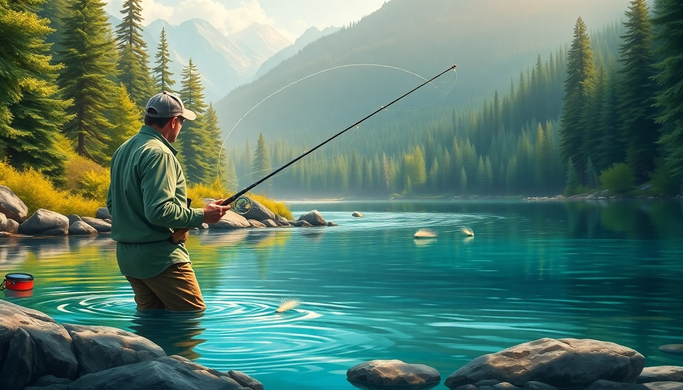 Casting a Fly fishing line in a tranquil outdoor setting with lush greenery.
