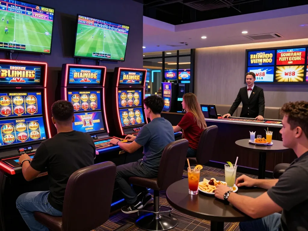 W88 online gaming enthusiasts enjoying sports betting, casino games, and slot machines in a modern gaming lounge.