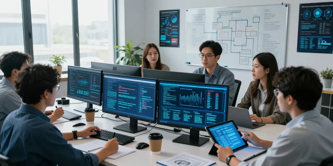 Team of cybersecurity experts at work analyzing threats and protocols on shs-dome5.com in modern control room.