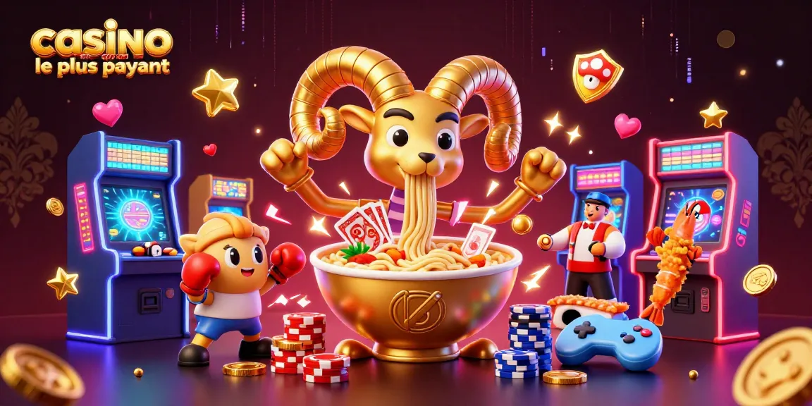 Illustration d'un casino en ligne le plus payant montrant un bol de ramen géant et des personnages colorés, toute l'énergie du jeu.