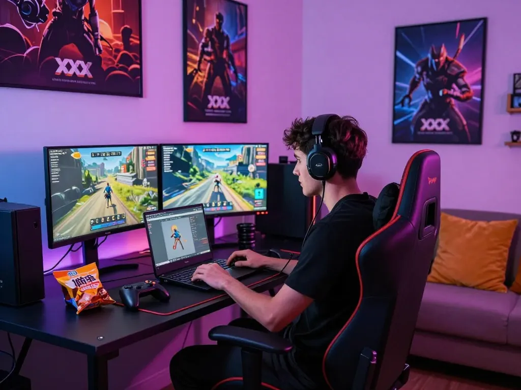 Player enjoying immersive xxx games with vibrant LED setup and high-end gaming gear