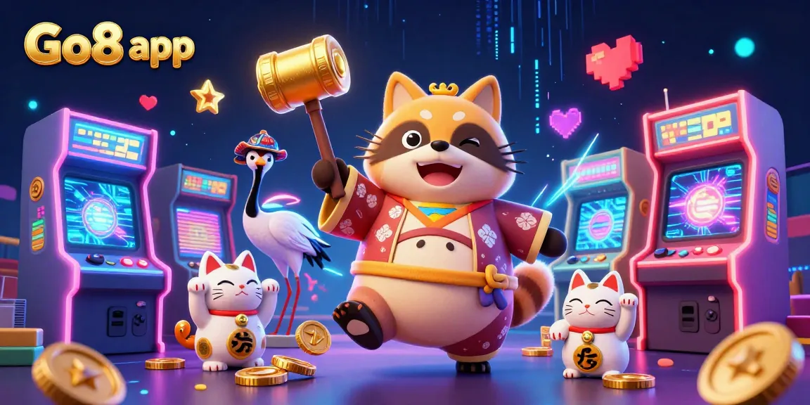 Experience the exciting Go8 app with cheerful tanuki and vibrant game elements in this colorful casino scene.