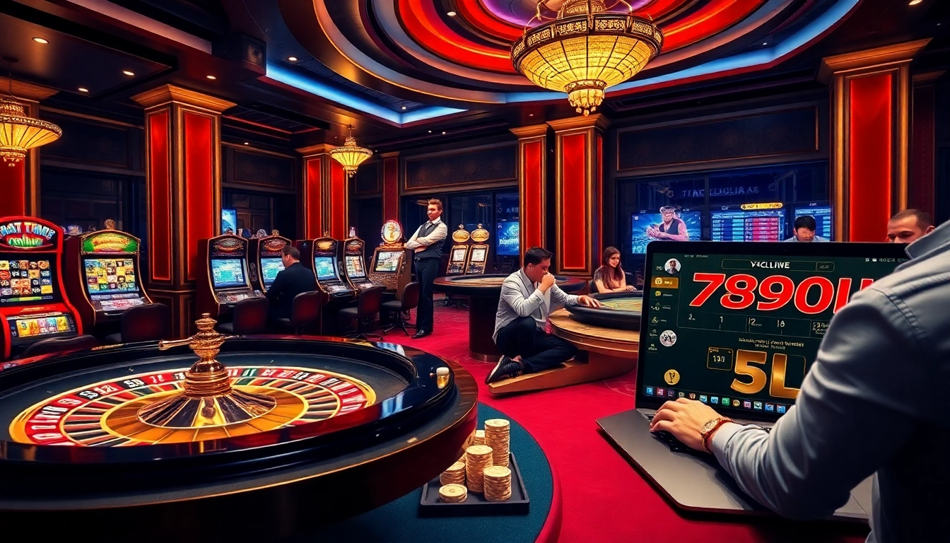 Engaged players at a vibrant casino scene with roulette and slot machines, showcasing online gambling at 789club vn.