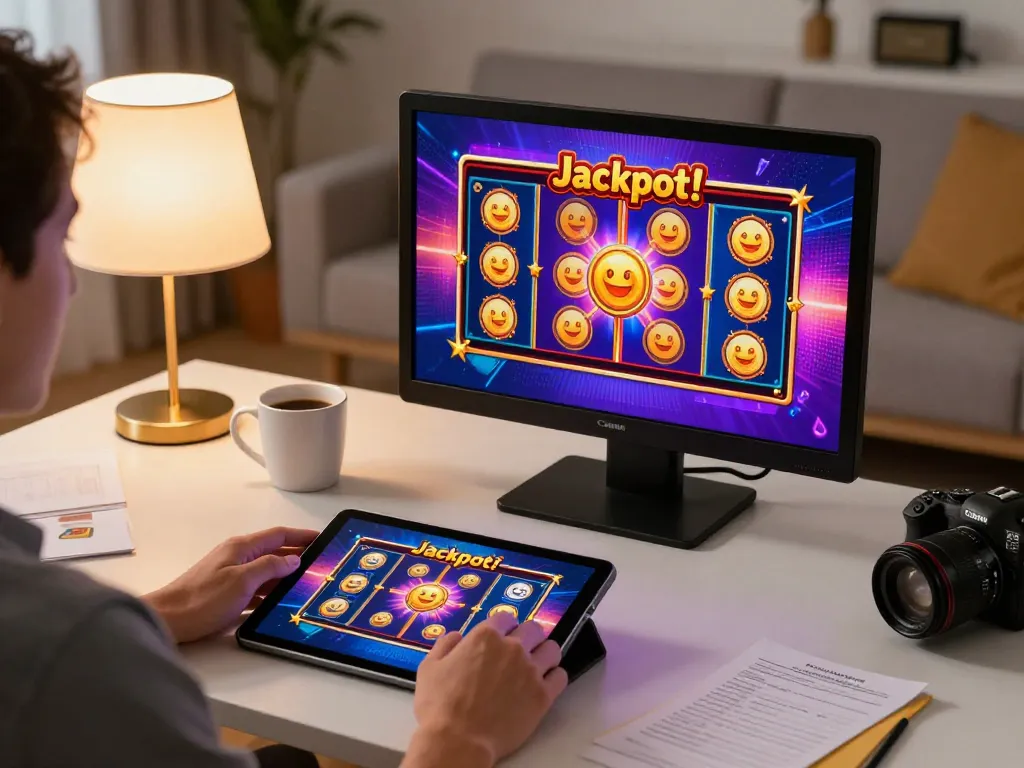 Player enjoying an exciting ATQ slot game on a tablet in a cozy home setup.