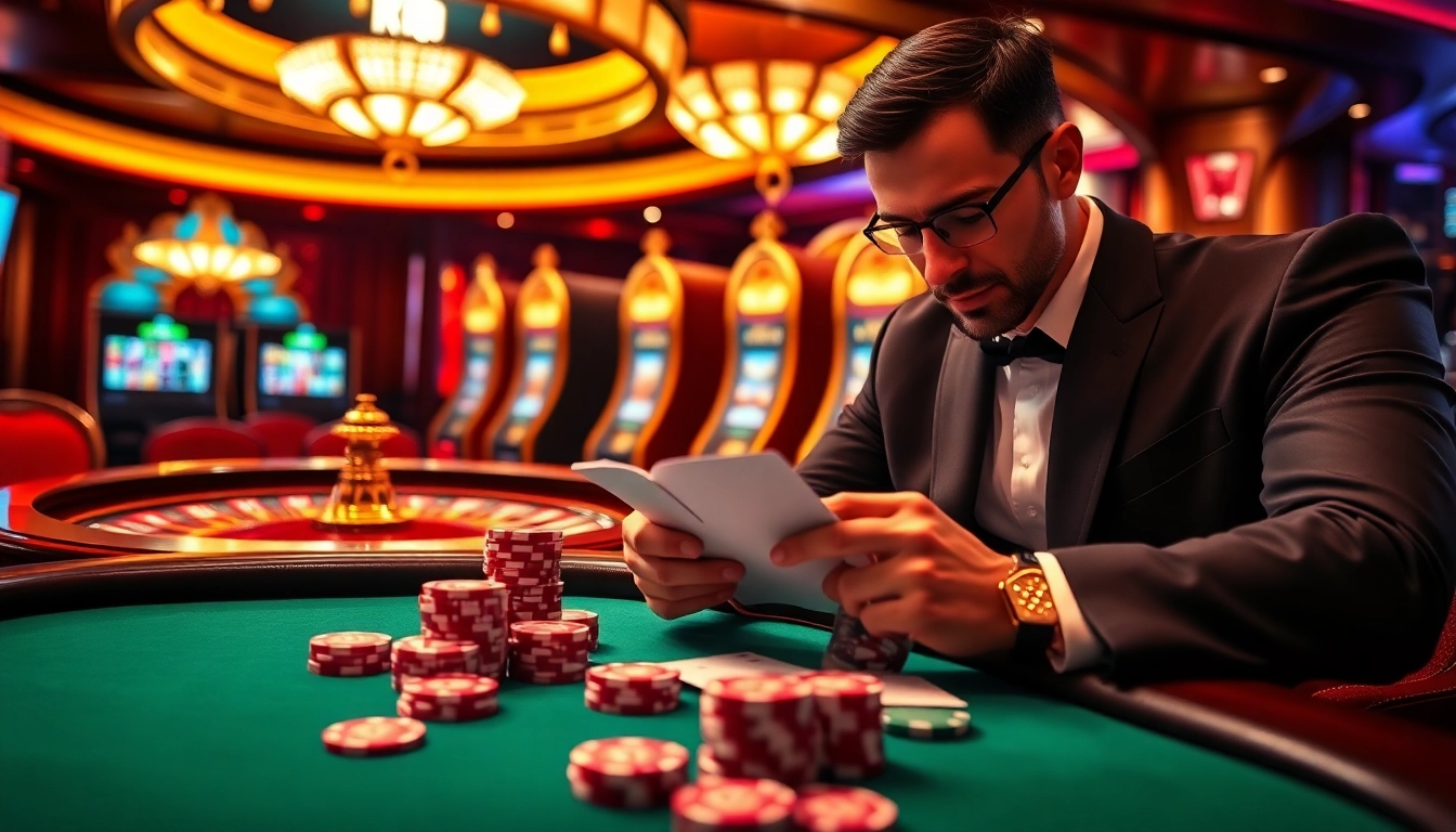 High-stakes poker at a KJC casino with vibrant chips and luxurious atmosphere.