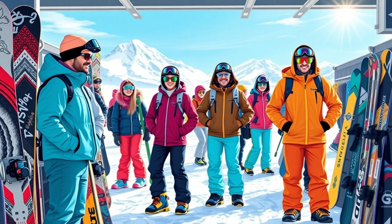 Shop premium gear at a snowboard store showcasing vibrant displays and mountain views.